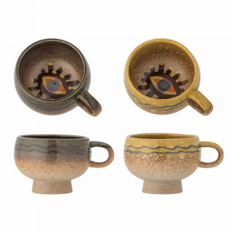 Tapered Stoneware Mug With Eye Design - Yellow Or Blue