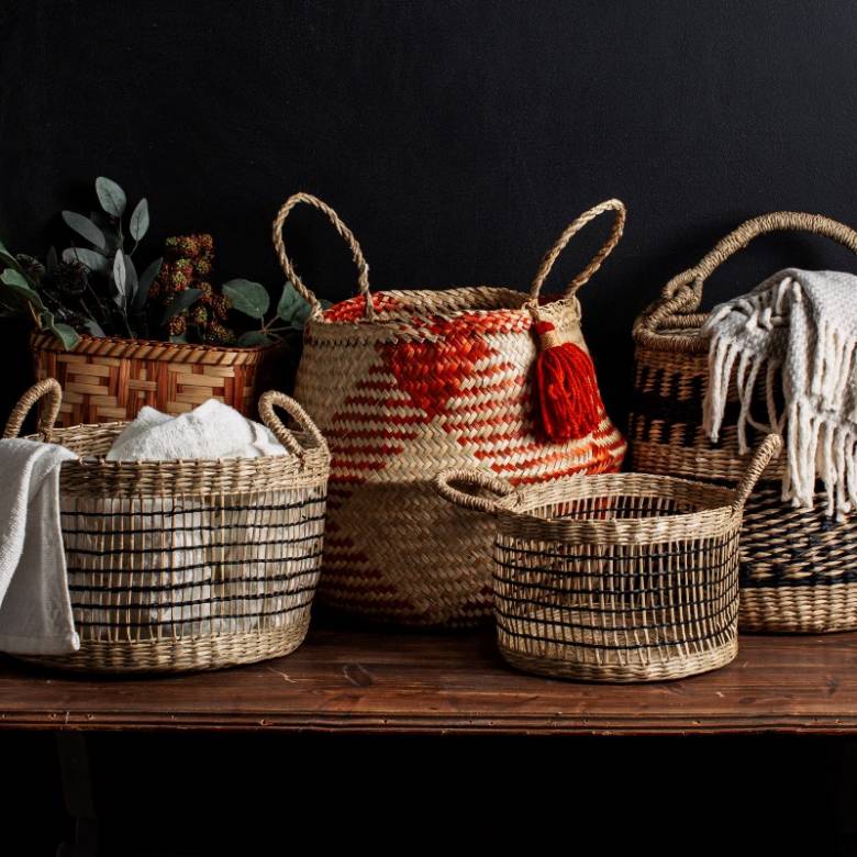 Terracotta Checked Seagrass Basket With Handles H:30cm
