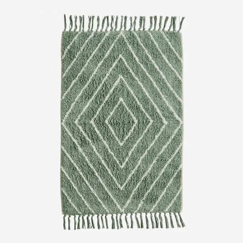 Tufted Bath Mat With Tassels In Dusty Green