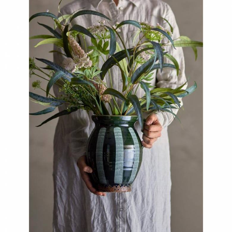 Vertical Striped Vase With Handle In Green