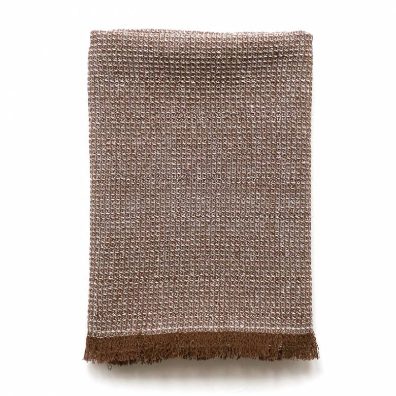 Waffle Cotton Tea Towel With Fringing In Earth Brown