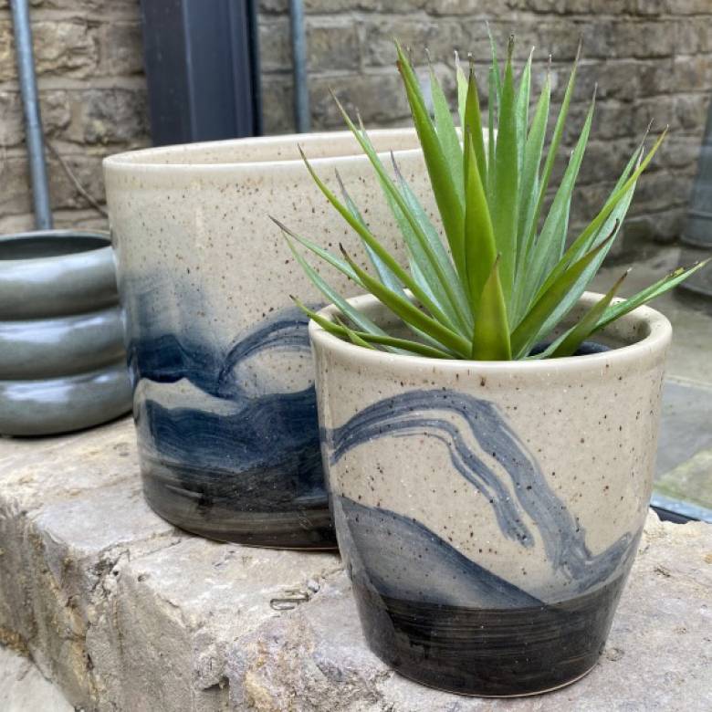 Tapered Hand Painted Blue & Beige Speckled Wave Plant Pot