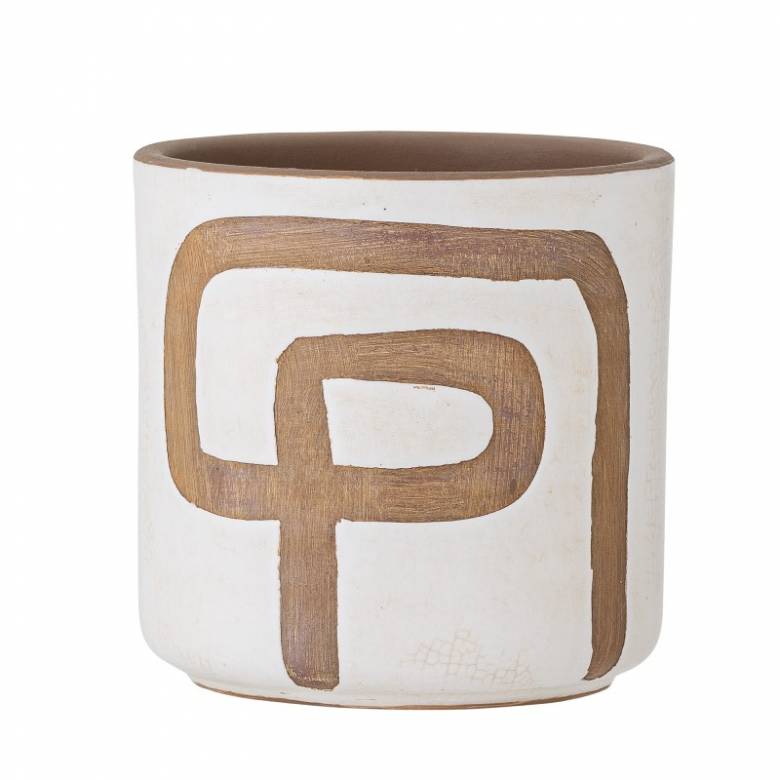 White Painted Stoneware Flower Pot With Abstract Pattern H:12cm
