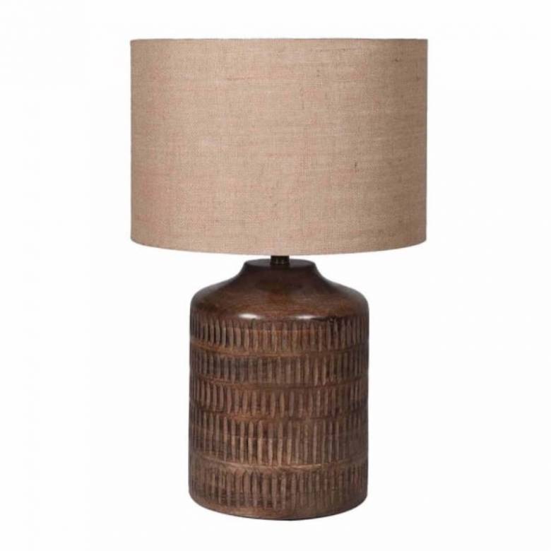 Wooden Carved Ridged Table Lamp With Beige Shade