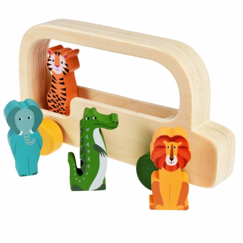 Wooden Colourful Creatures Bus Push Along Toy 3+