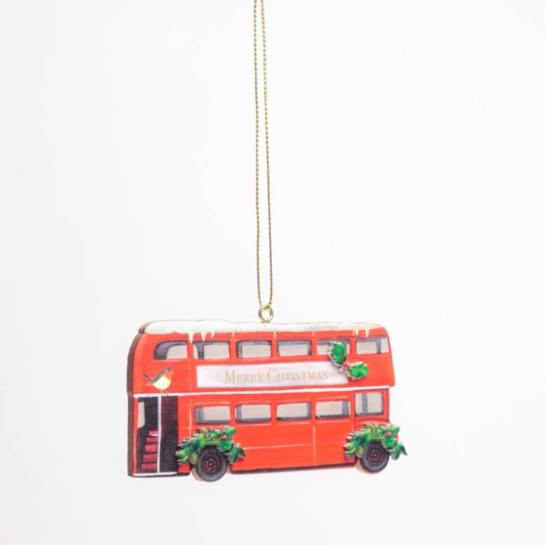 Wooden London Bus With Holly Hanging Christmas Decoration