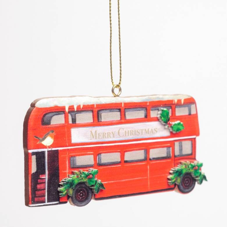 Wooden London Bus With Holly Hanging Christmas Decoration