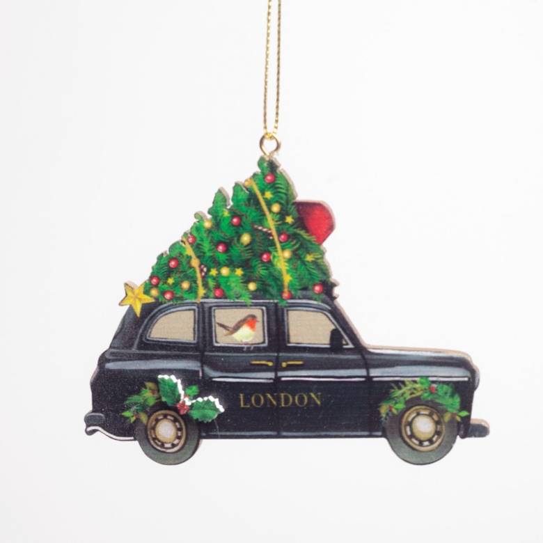 Wooden London Taxi With Robin Hanging Christmas Decoration