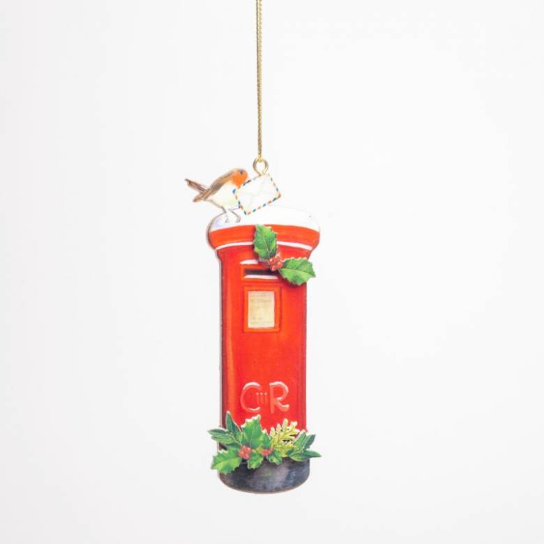 Wooden Post Box With Robin Hanging Christmas Decoration