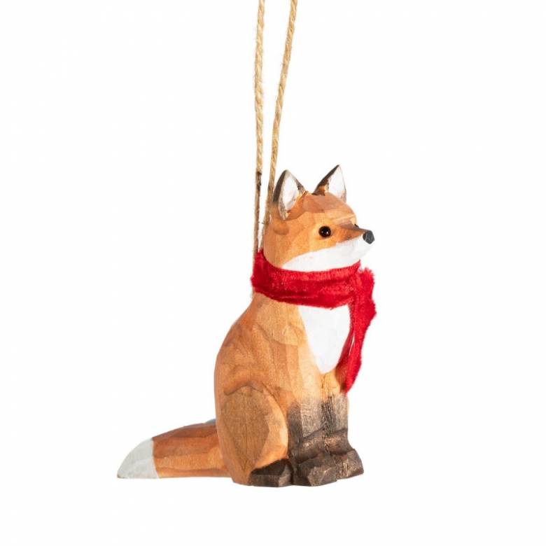 Wooden Sitting Fox Hanging Christmas Decoration