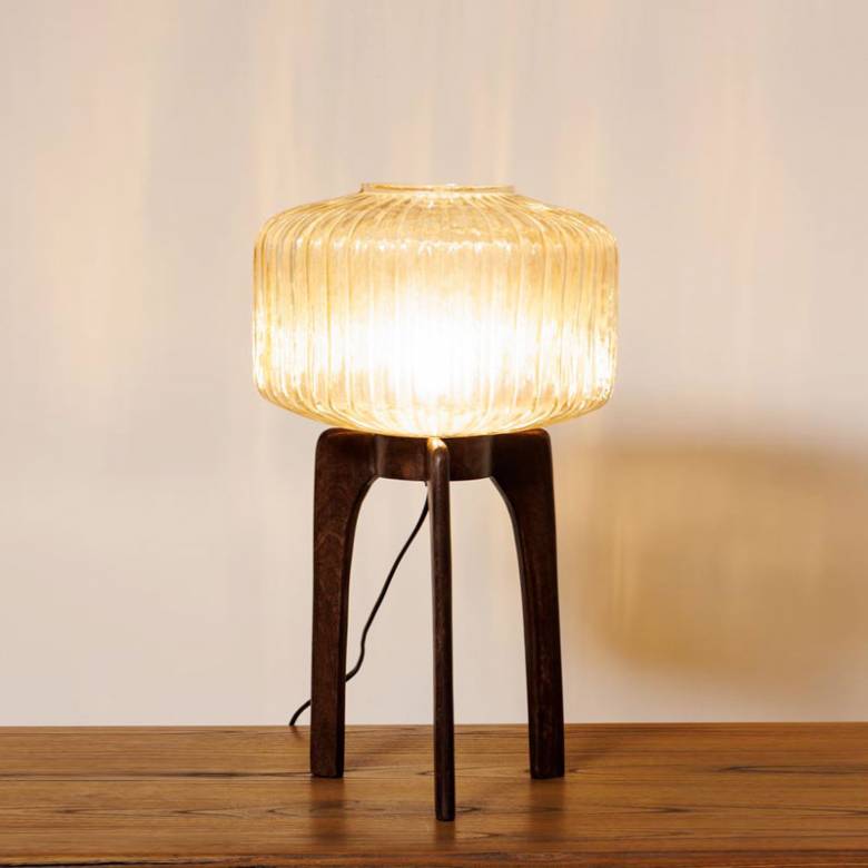 Wooden Tripod Lamp With Glass RIbbed Shade H: 50cm